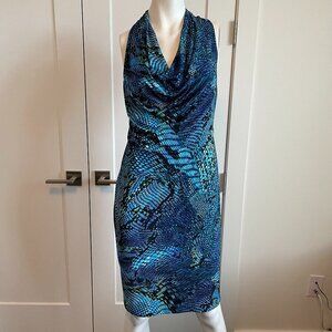 Anne Klein Sleeveless Deep Cowl Nk Reptile Print Poly Blend Dress Blue Blk Sz 4
